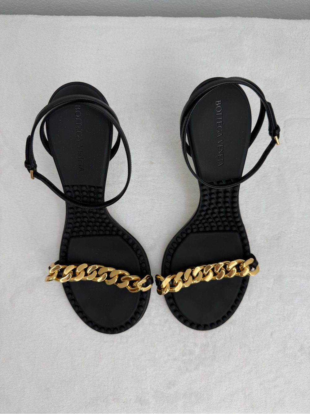 Bottega Veneta Black Ankle-Strap Sandals with Gold Chain